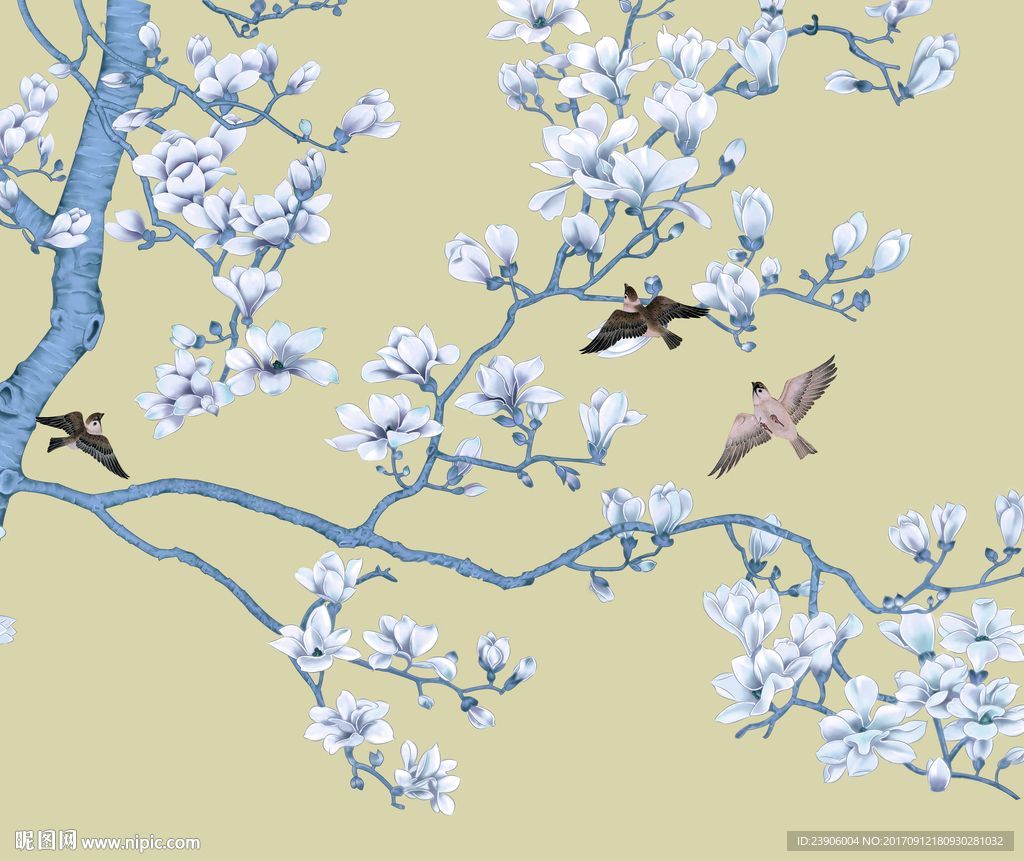 手绘工笔玉兰花背景墙