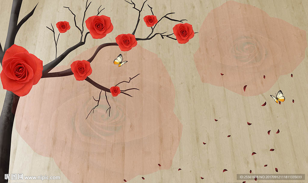 3D手绘树玫瑰花电视背景墙