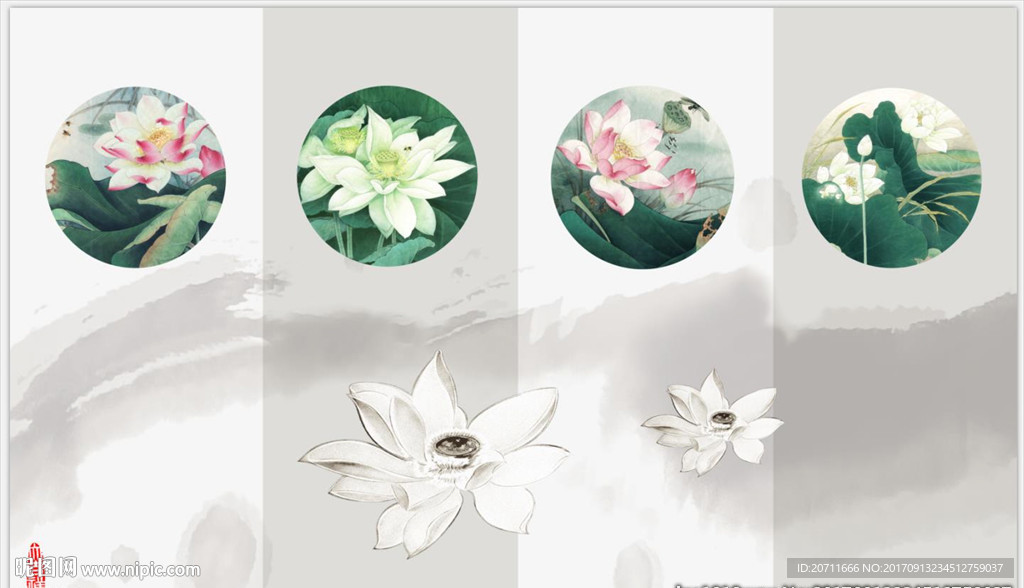 中式水墨四联新中式背景墙壁画