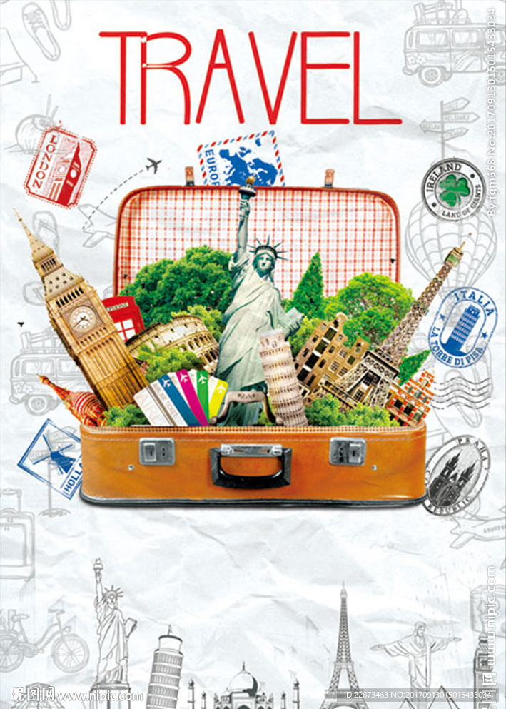 皮箱旅行名胜古迹出国留学旅游