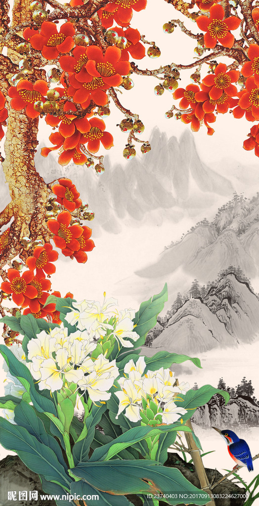玄关花鸟背景墙