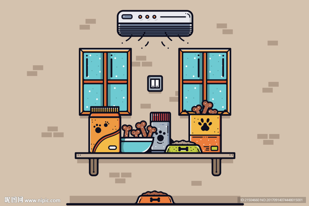 精致矢量彩色宠物零食插画场景