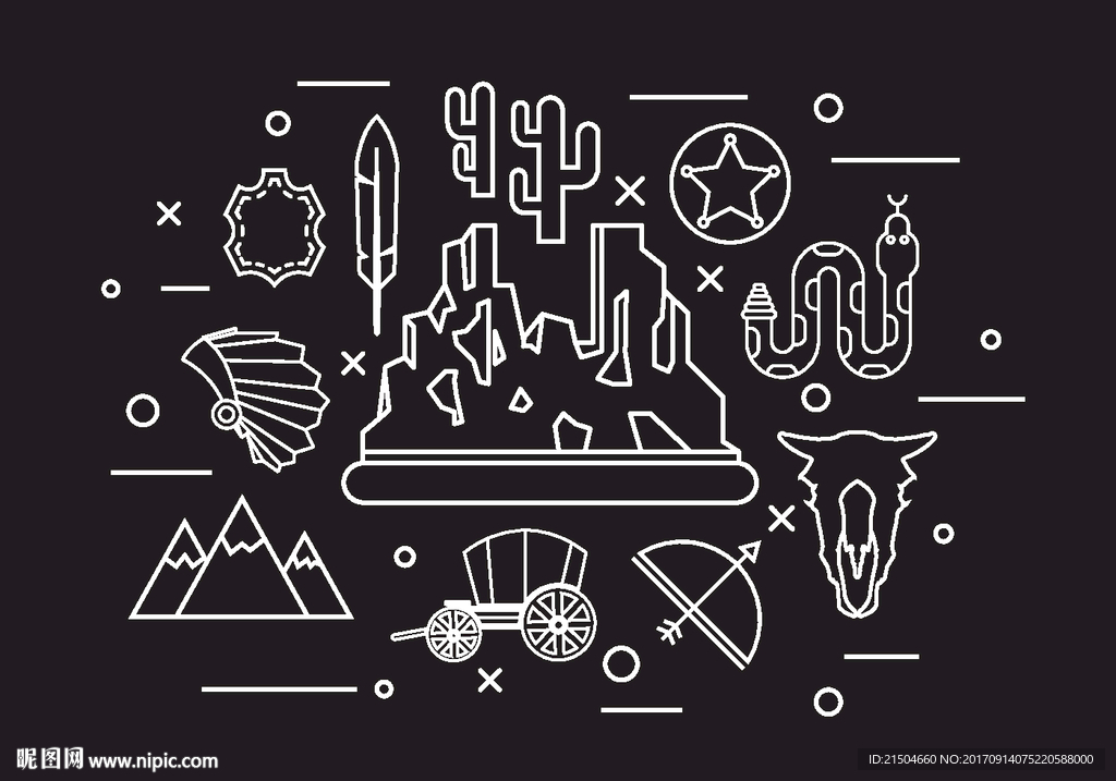 精致矢量有趣美国西部细线插画