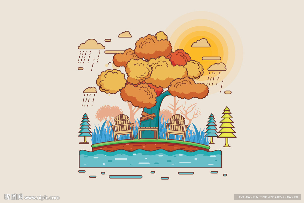 精致矢量公园秋天插画风景图片