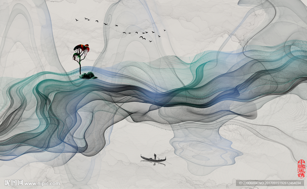 水墨山水分副屏风背景墙壁画