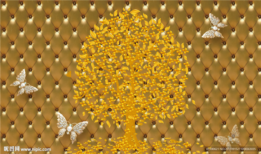 3D黄金发财树背景墙