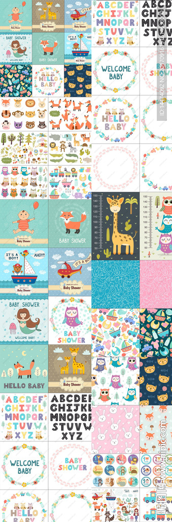 可爱卡通动物与花纹儿童画