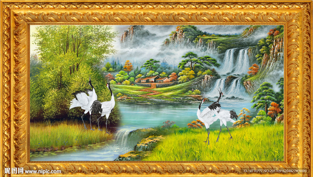 油画风景 仙鹤图