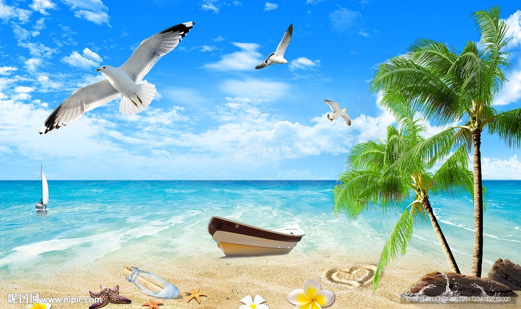 3D温馨浪花椰树沙滩海景电视背