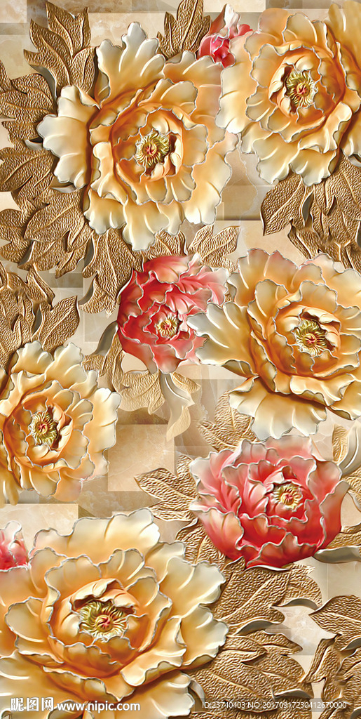 浮雕牡丹背景墙