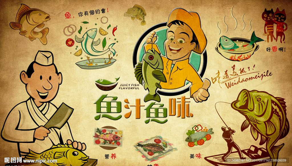 手绘卡通鱼味馆背景
