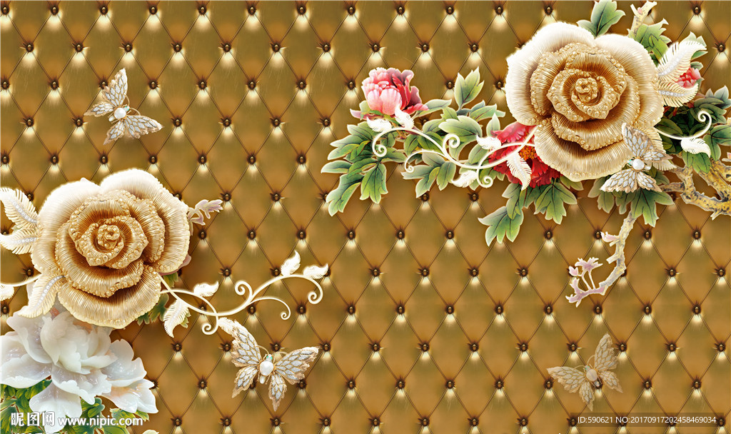 3D软包黄金玫瑰背景墙