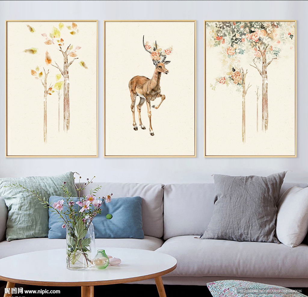 现代简约花枝麋鹿温馨装饰画