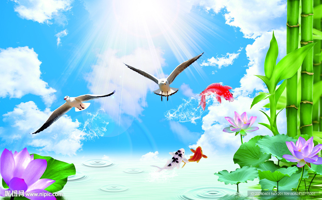 电视背景墙 蓝天竹子背景墙