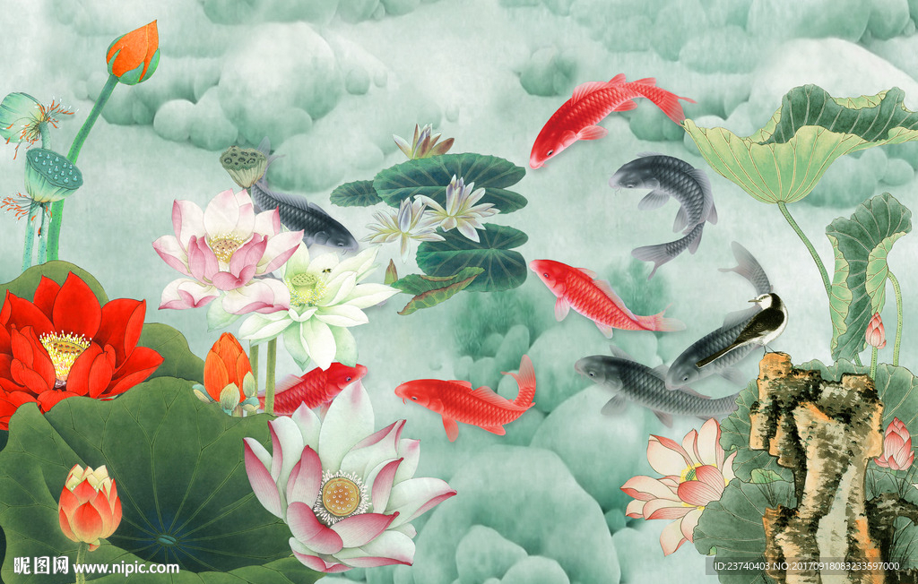 荷花九鱼图 背景墙