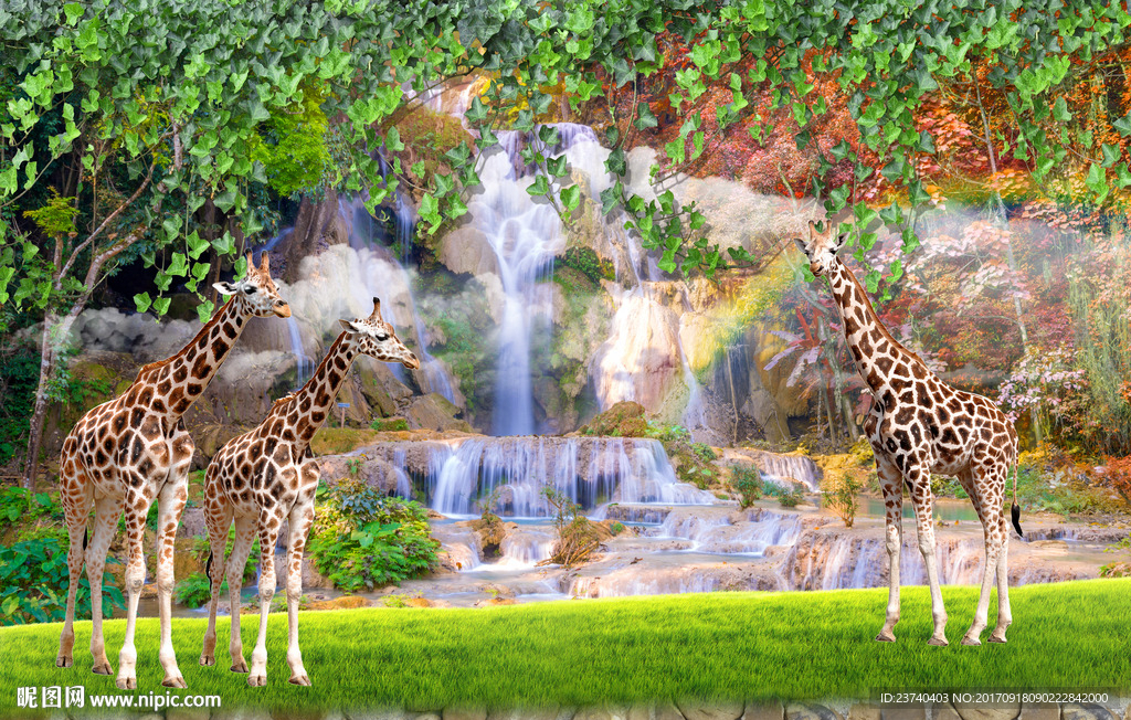 电视背景墙山水风光长颈鹿