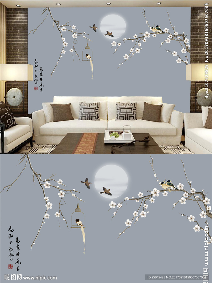 现代手绘新中式工笔花鸟背景墙图
