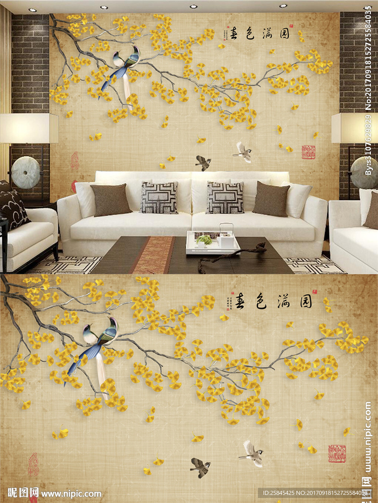 中式简洁工笔花鸟壁画墙纸背景图