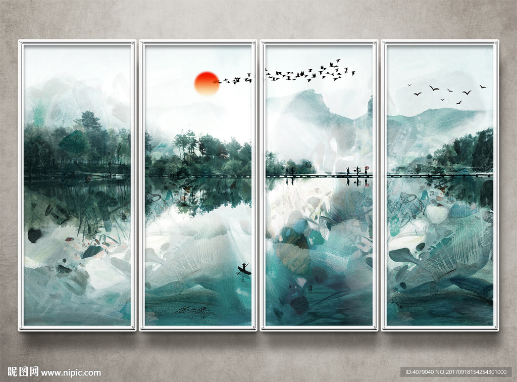 新中式水墨山水江南水乡背景墙