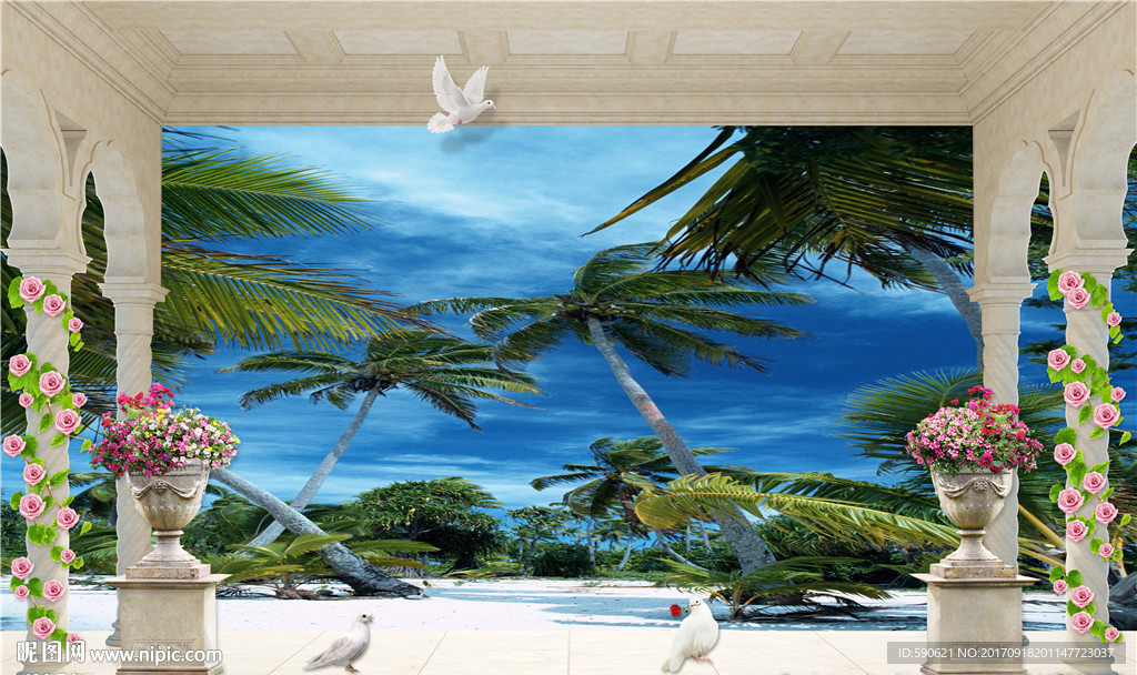 3D阳台海景背景墙