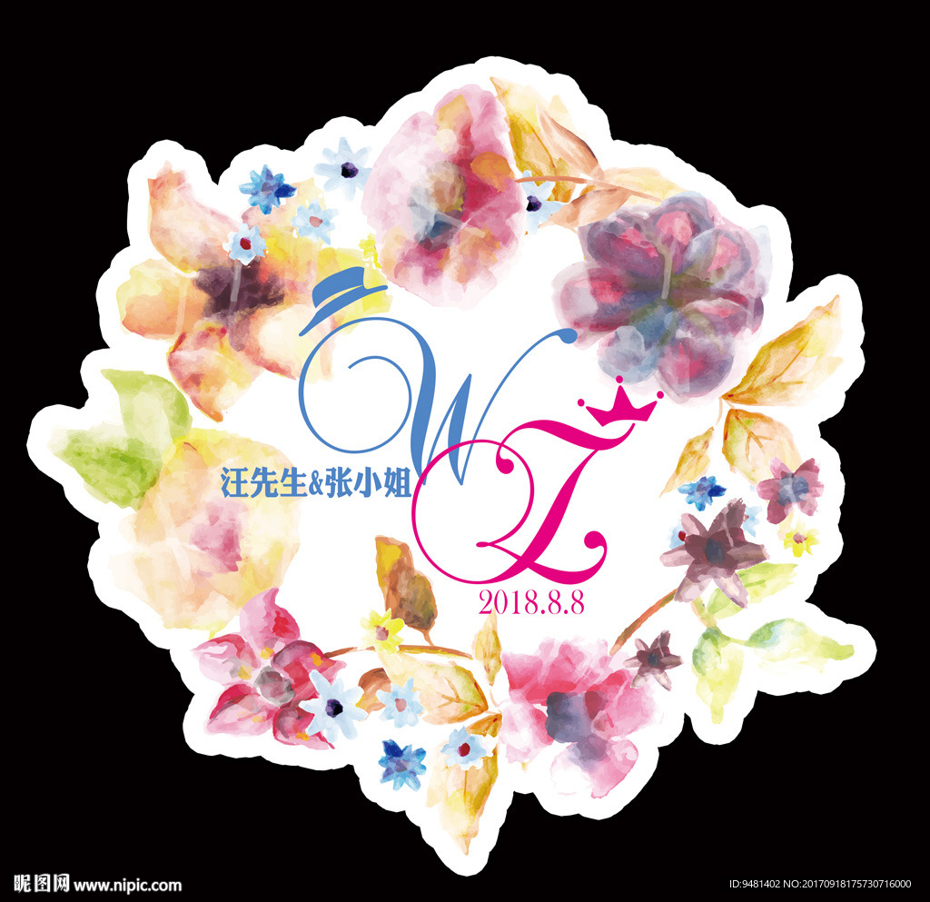 水彩花卉花环粉色结婚logo