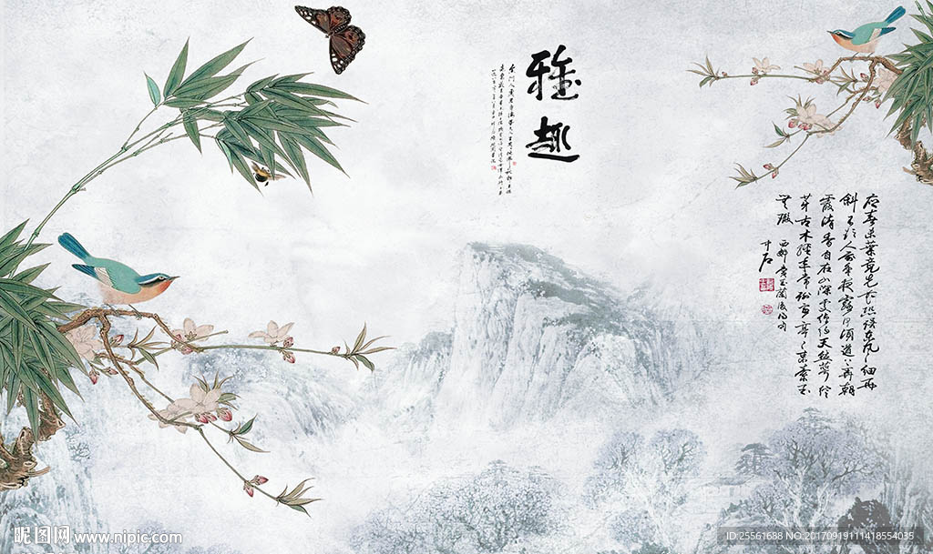 新中式雅趣手绘花鸟电视背景墙