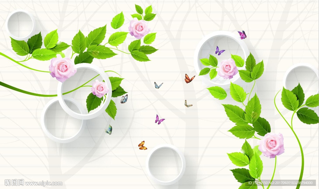 3D绿叶玫瑰花