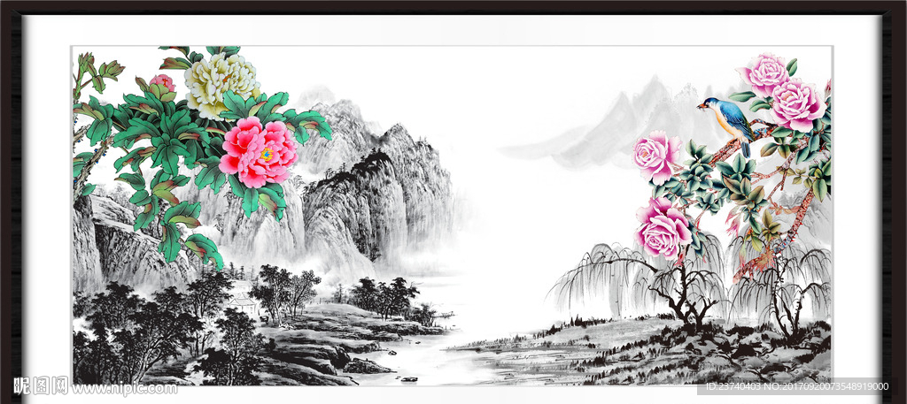 水墨国画 牡丹花鸟