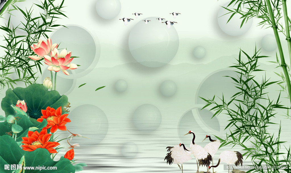 3d荷花竹子背景墙