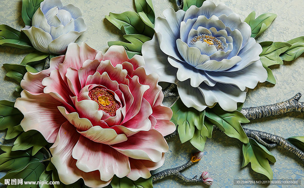 牡丹花浮雕背景墙