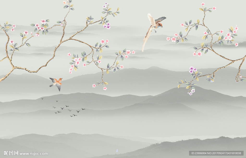 手绘工笔花鸟电视沙发背景墙壁画