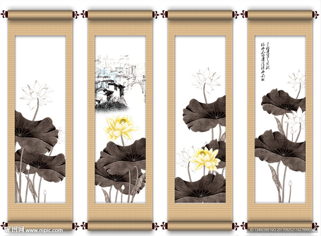 四联画荷花