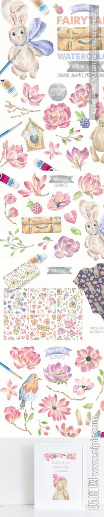 儿童插画兔子鸟屋花朵图案