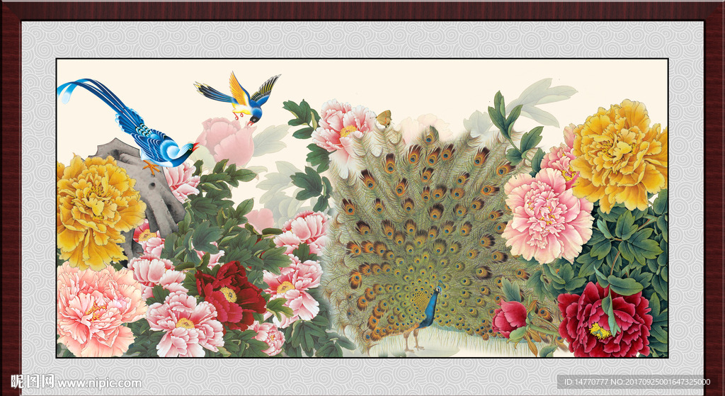 花开富贵孔雀图