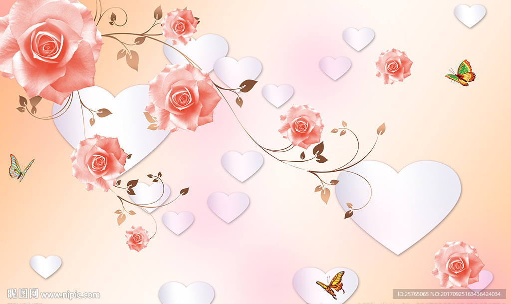 现代玫瑰简约心形蝴蝶电视背景墙