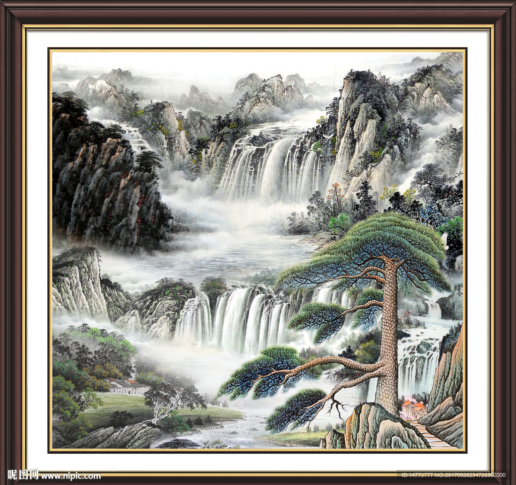 山水迎客松国画