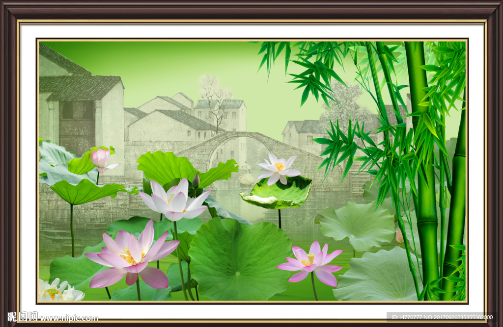 江南风景 荷花竹子图