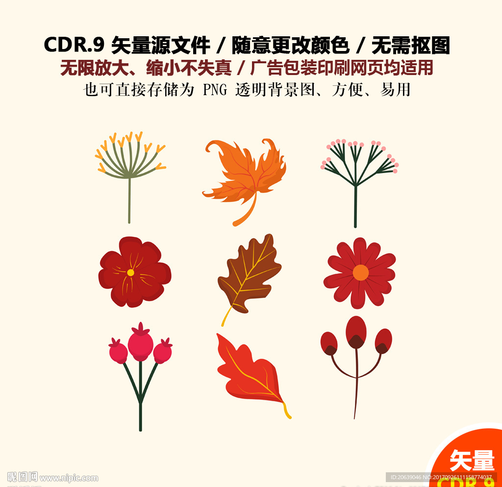彩色卡通树叶花朵果子矢量图