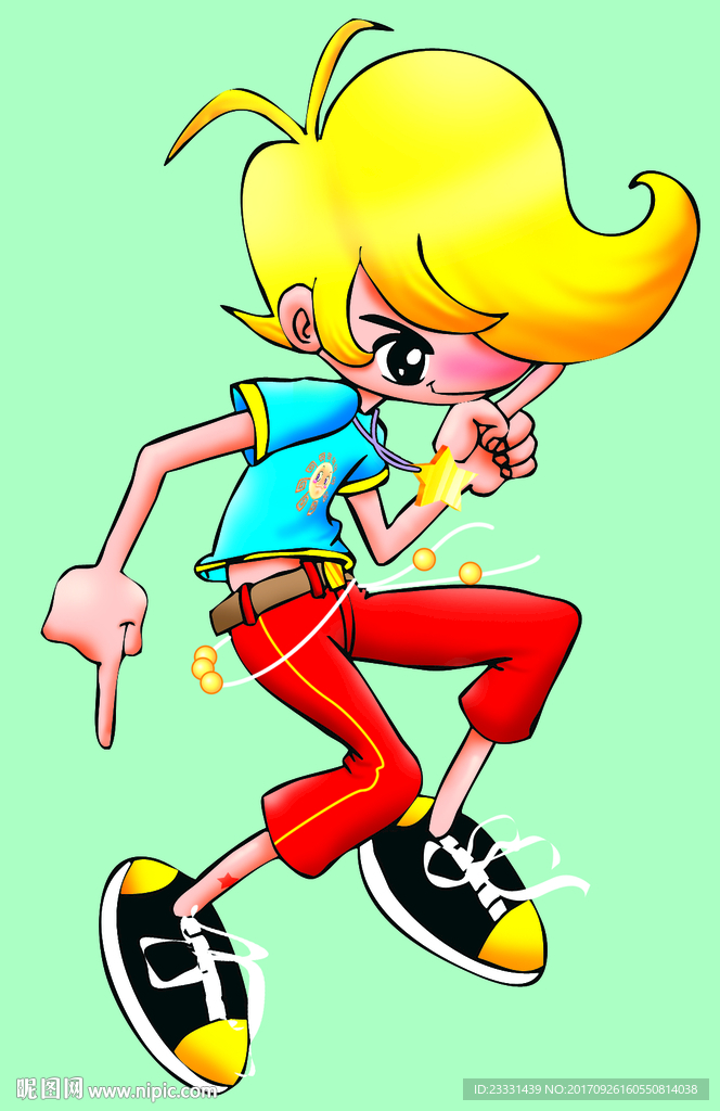 金发红裤子活力男孩