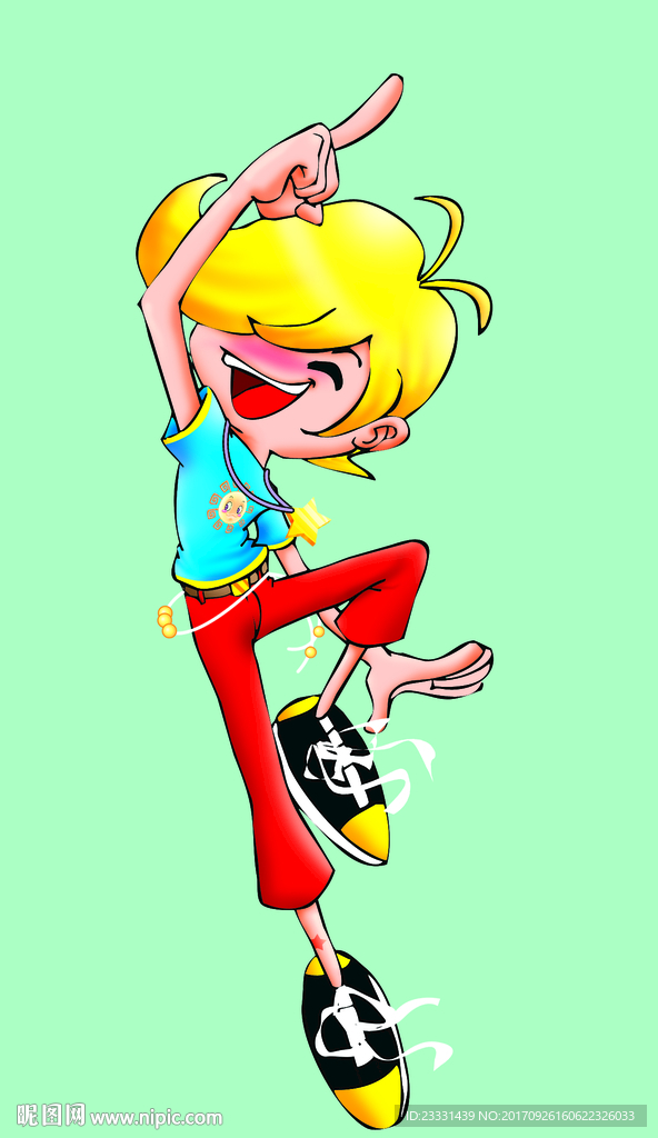 金发红裤子活力男孩