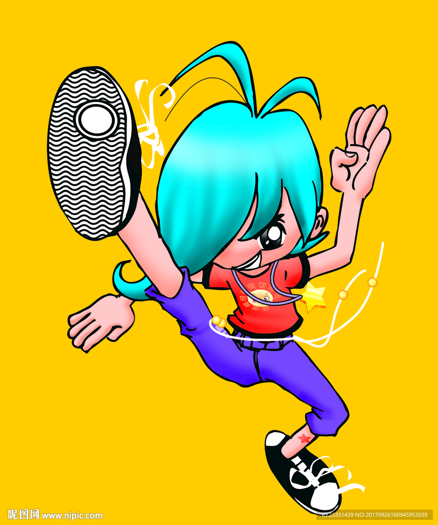 蓝发紫裤子活力男孩