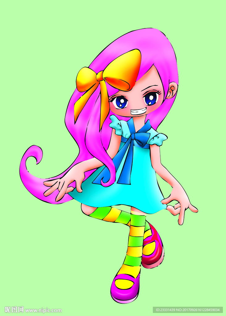 粉红头发蓝裙子少女