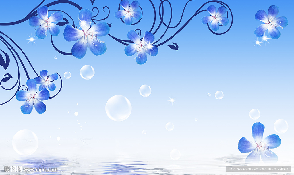 梦幻蓝色花卉水纹倒影电视背景墙