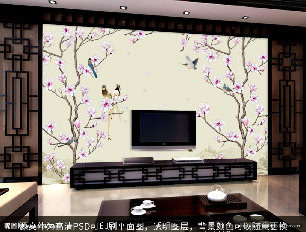 新中式工笔花鸟电视背景墙