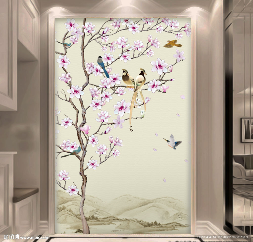 新中式工笔花鸟玄关背景墙