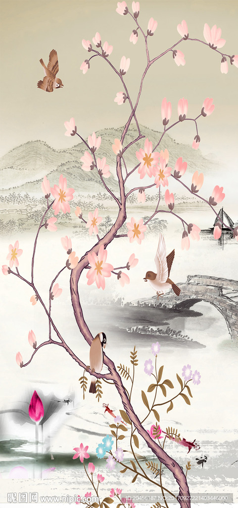 中式花鸟水墨背景墙