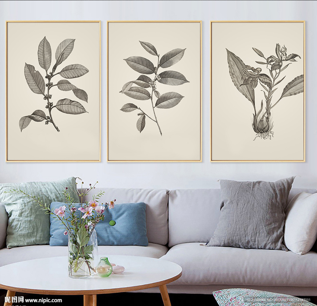欧复古树叶植物三联装饰画无框画