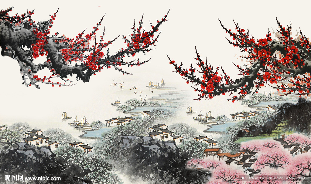 国画梅花背景墙