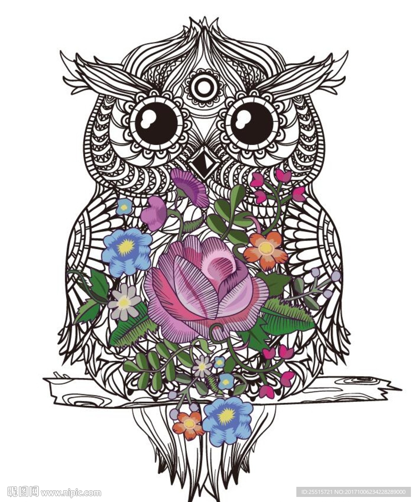 猫头鹰刺绣花纹矢量图