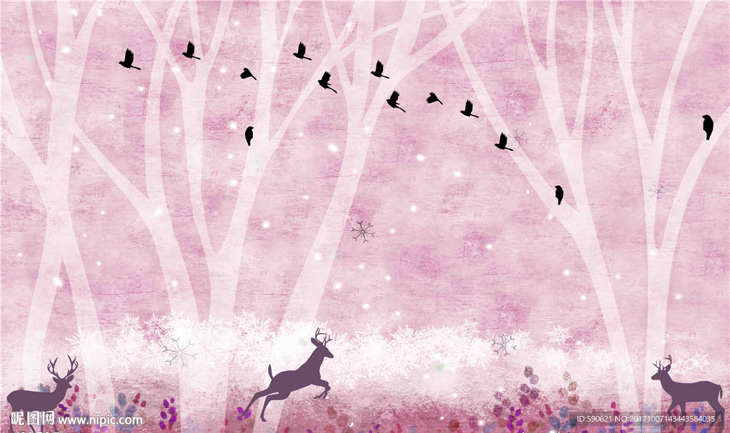 手绘粉红儿童房背景墙